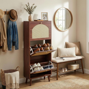 3-Tilt-Out Rattan Panel Hidden Shoe Storage Cabinet