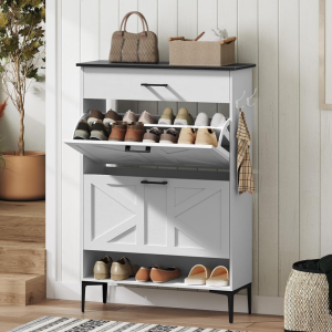 Narrow Shoe Cabinet with 2 Flip Drawers, Black and White