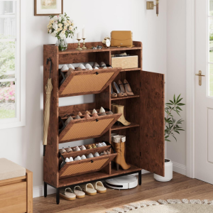 Rattan Shoe Cabinet with 3 Flip Drawers, 4-Tier Storage