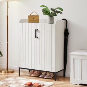 5-Tier White Shoe Cabinet with Doors and Metal Legs
