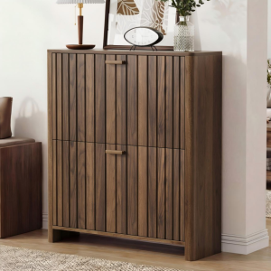 Walnut Fluted Hidden Shoe Cabinet with Metal Legs