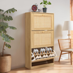 3-Tier Natural Rattan Flip Drawer Shoe Cabinet with Top Board