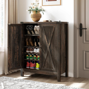 5-Tier Dark Rustic Oak Shoe Cabinet with Doors
