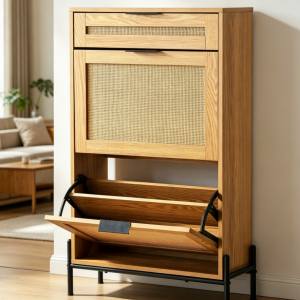 Narrow Rattan Shoe Cabinet, 2 Flip Drawers, 1 Slide Drawer