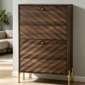 Walnut Shoe Cabinet with Diagonal Line Doors, 2 Flip Drawers