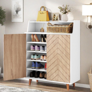 5-Tier White Tall Shoe Cabinet with Doors
