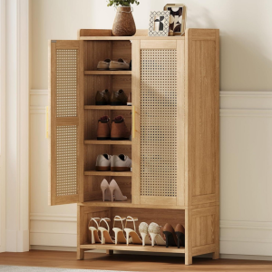 6-Tier Rattan Narrow Shoe Cabinet, Natural Oak, Wooden Legs