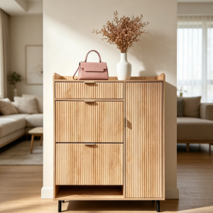 Narrow Wave Pattern Shoe Cabinet, Metal Legs, 2 Flip Drawers