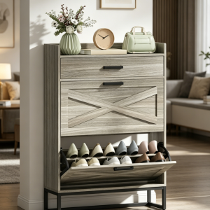 Narrow Distressed Gray Shoe Cabinet, 12 Pairs, 2 Flip Drawers