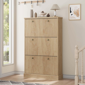 3 Flip Drawer Natural Oak Fluted Shoe Cabinet, Adjustable Shelf