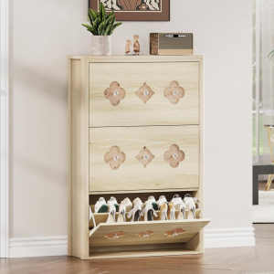 3 Flip Drawer Slim Shoe Cabinet, Flower Pattern, Natural