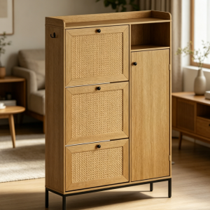 Handwoven Rattan Shoe Cabinet, 3 Flip Compartments, Adjustable