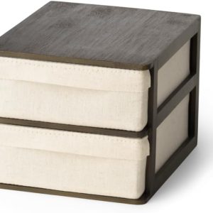 Desktop Organizer Drawer Cabinet with Eco-Friendly Brown Bamboo and Cotton Linen, Stackable 2 Beige Drawers, for Office Supplies, Cosmetic Accessories, No Assembly Required