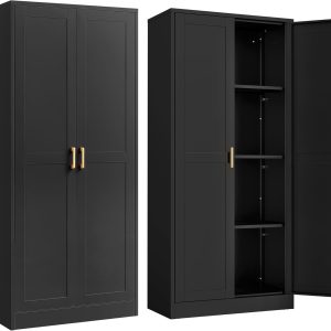 Kitchen Cabinet Storage,60”Metal Pantry Cabinet with Doors and 3 Adjustable Shelves,Food Pantry Cabinets with 2 Gold Handles,Black Tall Storage Cabinet for Livingroom,Pantry,Bathroom,Kitchen