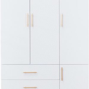 3-Door Wardrobe Closet, White Wood Bedroom Armoire with Hanging Rod, Triple Doors, and Drawers, Closet Organizers and Storage, 70"x50"x20"