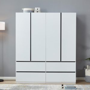 Wood Wardrobe Armoire Storage Cabinet: 4 Door 2 Drawers Closet Wardrobe for High Storage Capacity with 3 Shelves and Hanging Rod for White Closet Cabinet 63" L x 20.3" W x 74.2" H