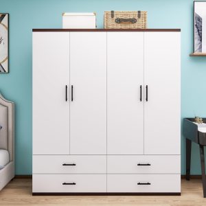 Wooden Armoire Wardrobe Closet with 4 Doors 4 Drawers 2 Hanging Rods for Bedroom 71" Tall Large Freestanding Clothes Storage Cabinet and Shelves White 63''W x 18.9''D x 70.86''H