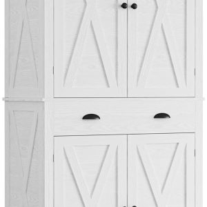 Kitchen Pantry Storage Cabinet 72.6" H, with Barn Doors, Drawer, 4 Adjustable Shelves, Freestanding Cupboard, Laundry, White