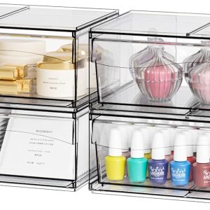 4 Pack Clear Stackable Storage Drawers,12"W Large Bathroom Makeup Organizer and Pen,Sunglass,Medicine,Baby Bottle Organizer,Plastic Pull Out Storage Bins for Desk,Under Cabinets,Vanity Countertop