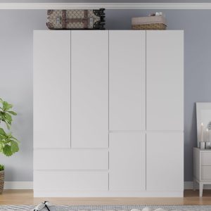 Armoire Wardrobe Closet with Doors and Drawers, 4 Door 2 Drawers White Bedroom Armoires Wooden Wardrobe Storage Cabinet 20.39" D x 63" W x 78.74" H