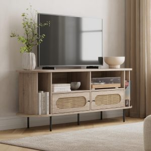 Oval Rattan TV Stand - Media Console - 63" TV Entertainment Center with Storage - Console Table for Living Room and Bedrooms - Supports 32 to 65" TVs - Soft-Close Cabinet Doors (Light Oak)