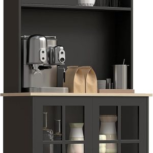Kitchen Pantry Storage Cabinet, 72" Freestanding Cabinet with Hutch, Large Countertop, Glass Doors and Adjustable Shelves for Dining Room, Black