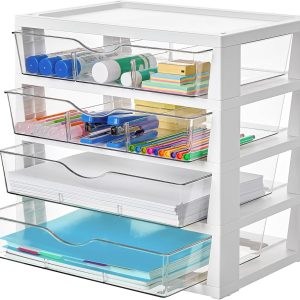 Clear Desk Organizer, 4-Tier Assemble Desktop File Organizer with Drawers, Office Desk Organization for Office Supplies