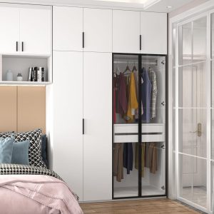 Tall Glass Door Wardrobe Closet, 63" W Wardrobe Clothes Organizer with 8 Doors, Drawers & Hanging Rods, Wooden Armoire Cabinet for Bedroom Storage, White Type F (63" W x 24.6" D x 101.4" H)