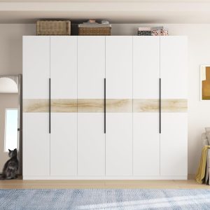 Large Wardrobe Closet 6 Doors, 94.4" W Wardrobe Clothes Organizer with Drawers & 4 Hanging Rods, Wooden Wardrobe Armoire Cabinet for Bedroom Storage, White Type E (94.4" W x 23.6" D x 82.7" H)