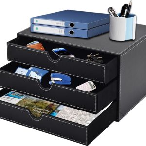 PU Leather Desk Organizer with 3 Drawers,Executive Office Supplies Desktop Filing A4 File Cabinet/Holder for Jewelry/Bill/Paper/Documents/Makeup Home Decor Stationery Storage Box,Black