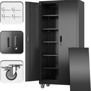 Garage Storage Cabinet with Wheels Pegboard and 5 Adjustable Shelves, 71'' x 32'' x 16''Metal Lockable Cabinet with Magnetic Doors,Tool Storage,Home Office Garage,Gym,School (Black)