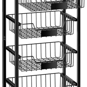 Fruit Basket, 5-Tier Utility Kitchen Organizer and Storage Cart with Pull-Out Baskets and Wood Top, Rolling Pantry Kitchen Cart on Wheels for Fruit Potato Onion Vegetable Snack Produce