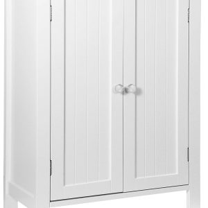 Bathroom Floor Storage Cabinet with Double Door + Adjustable Shelf, Wooden Organizer Cabinet for Living Room, Bathroom, Bedroom, Modern Home Furniture (White)