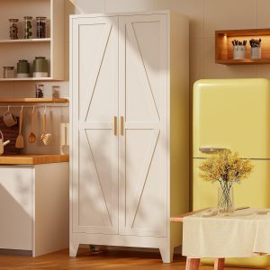 61" H Metal Pantry Cabinet with Doors,Freestanding White Kitchen Pantry Cabinet,Farmhouse Food Storage Cabinets,Tall and Large Pantry Cabinets for Kitchen, Dining Room, Living Room