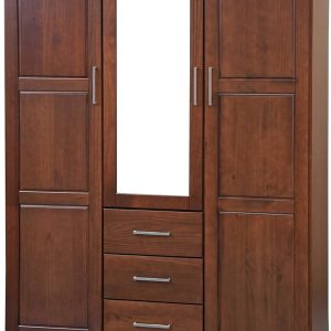 Solid Wood 3-door Wardrobe Armoire with Mirror and 3 Drawers, Mocha, 56.25" W x 72" H x 20.75" D, Renewable Eco-Friendly Wood,