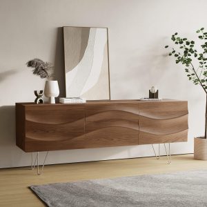 Wood Media Console, 63'' Mid Century TV Stand with Metal Legs, 4 Compartments & 2 Drawers, Unique Wave Design, Assembly-Free Living Room Tall-cast TV Cabinet for 55 inch TV