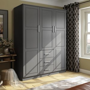 100% Solid Wood  3-Door Armoire Wardrobe Closet with Raised Panel Doors, Gray, 56.25" W x 72" H x 20.75" D, Renewable Eco-Friendly Wood,